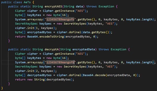 Figure 10. Static key decryption logic inside AeTs.decryptA() method