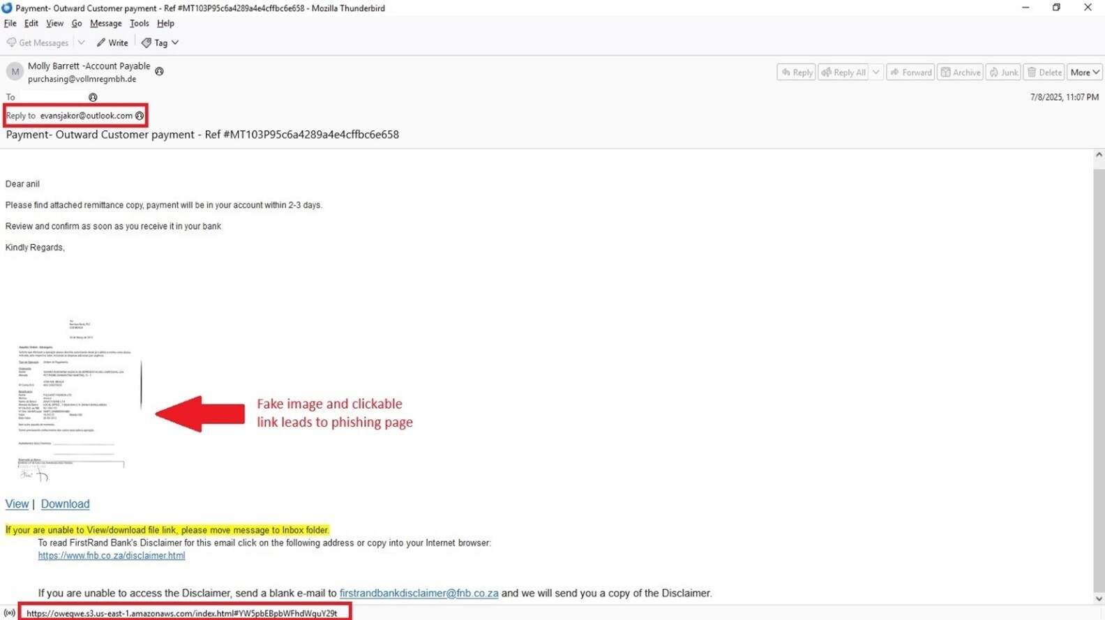 Figure 11. Screenshot of the phishing email sample that also contains a fake remittance image