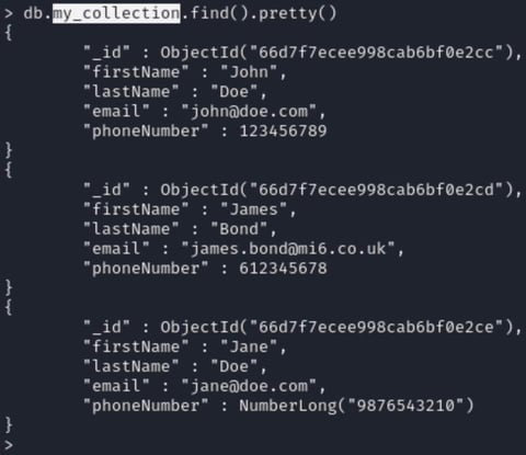 Figure 12. The db.my_collection.find().pretty() command is executed in MongoDB CLI.