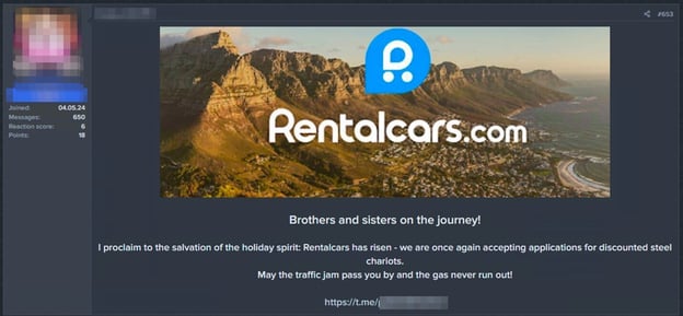 Figure 14. A dark web travel agency advertises a new ability to restore providing “services” from Rentalcars