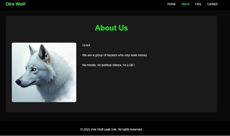 Figure 14. About Us Note on Dire Wolf Data Leak Site