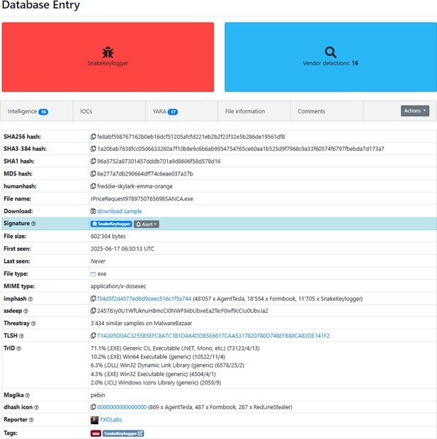 Figure 1. MalwareBazaar Database entry for SnakeKeylogger 
