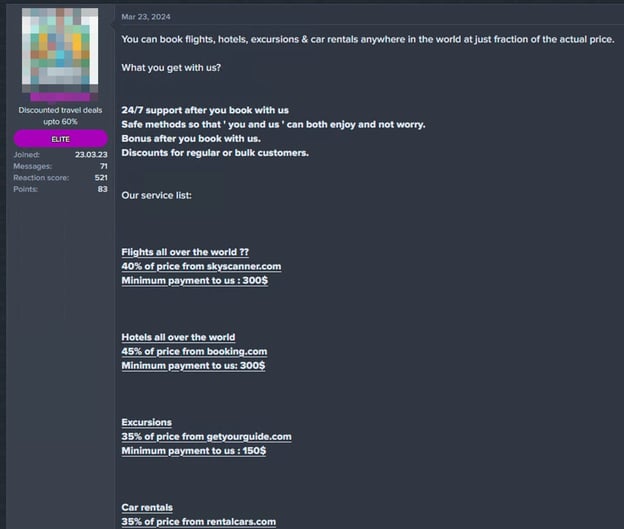 Figure 1. One of the initial dark web travel agency’s posts describing services that they are providing. The service is still active as of writing