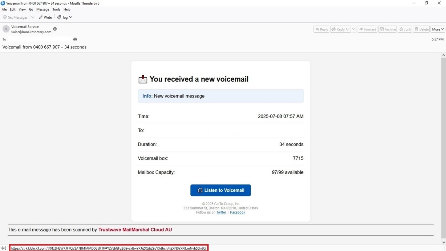 Figure 1. Screenshot of the phishing email sample that uses voicemail as a lure