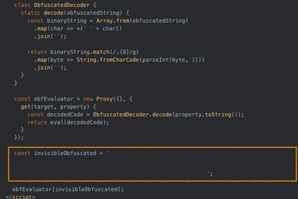 Figure 1. Tycoon 2FA using invisible Unicode characters to encode JavaScript code. The obfuscartion is actually quite simple but clever.