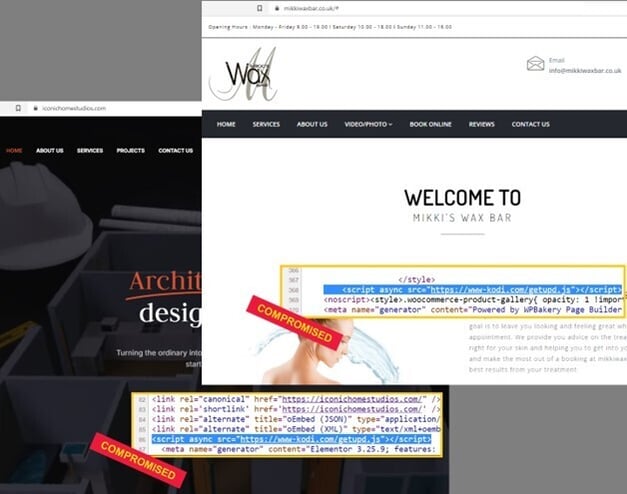 Figure 2. Compromised WordPress webpages serving redirector scripts