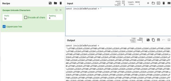 Figure 2. Escaping the invisible Unicode characters in this sample