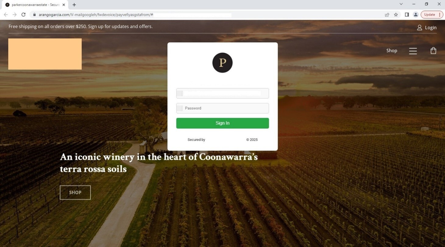 Figure 2. Screenshot of the phishing URL targeting the company of the victim