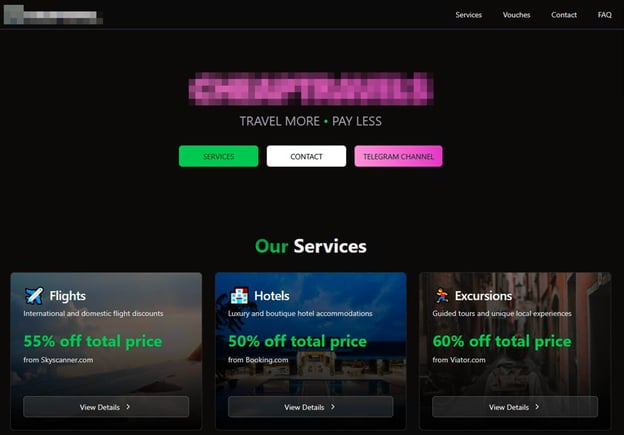 Figure 3. Landing page of a dark web travel agency advertised on one of the forums