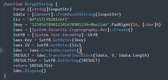 Figure 3. The script decrypts AES-encrypted commands, decrypts them, and runs the payloads on the infected machine