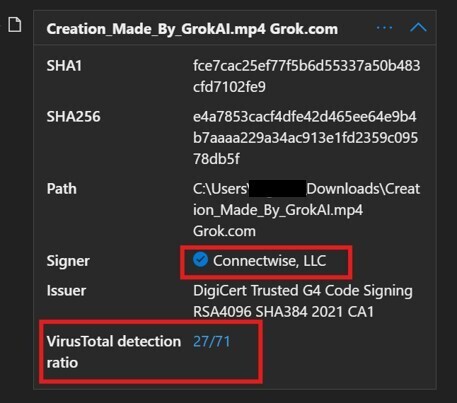 Figure 4. Endpoint detection and response (EDR) solution recognizing a valid signature for a modified ScreenConnect installer