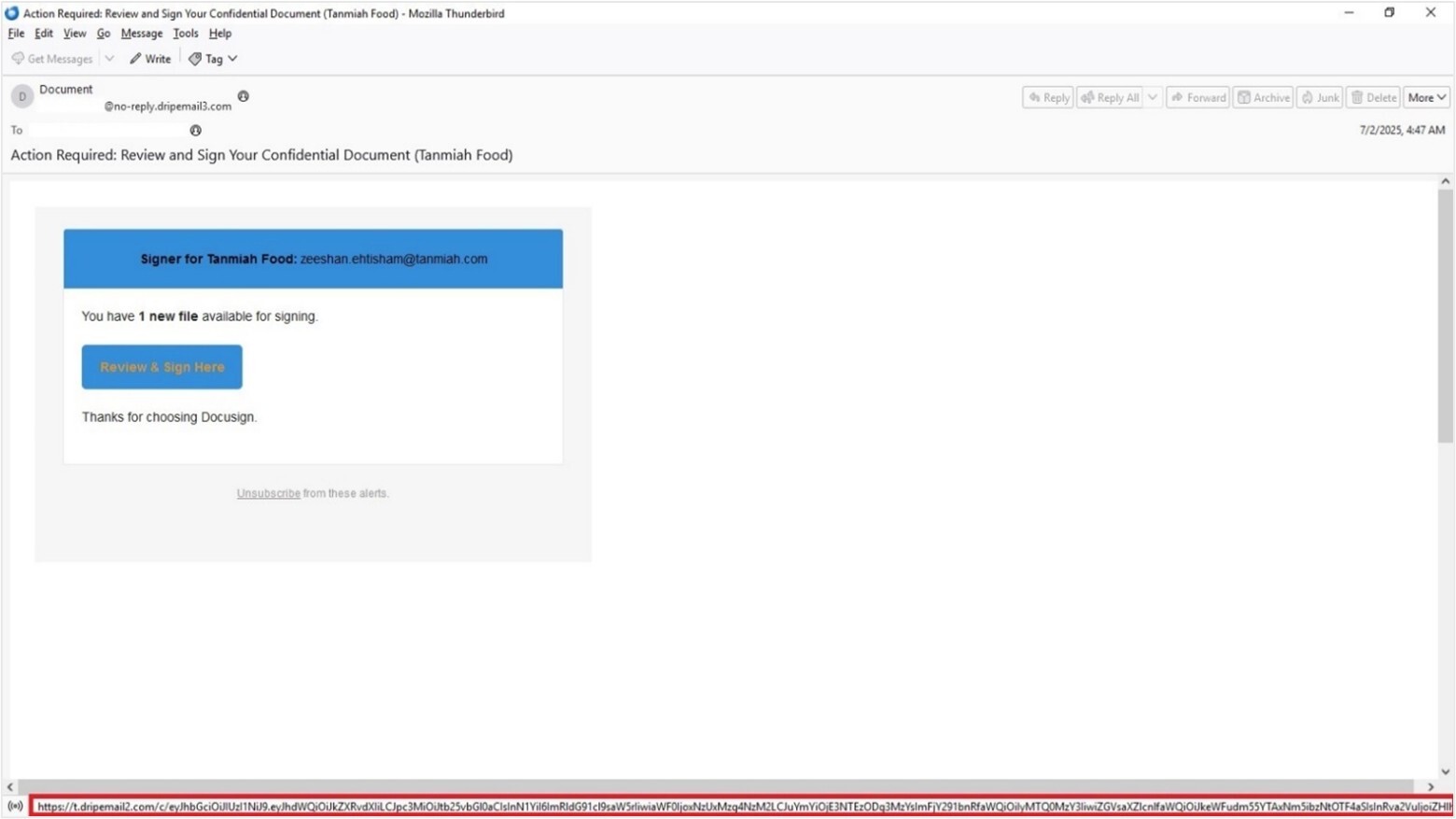 Figure 4. Screenshot of the phishing email sample that poses as a Docusign document as a lure