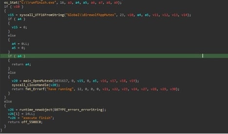 Figure 5. Checking for runfinish.exe and Mutex