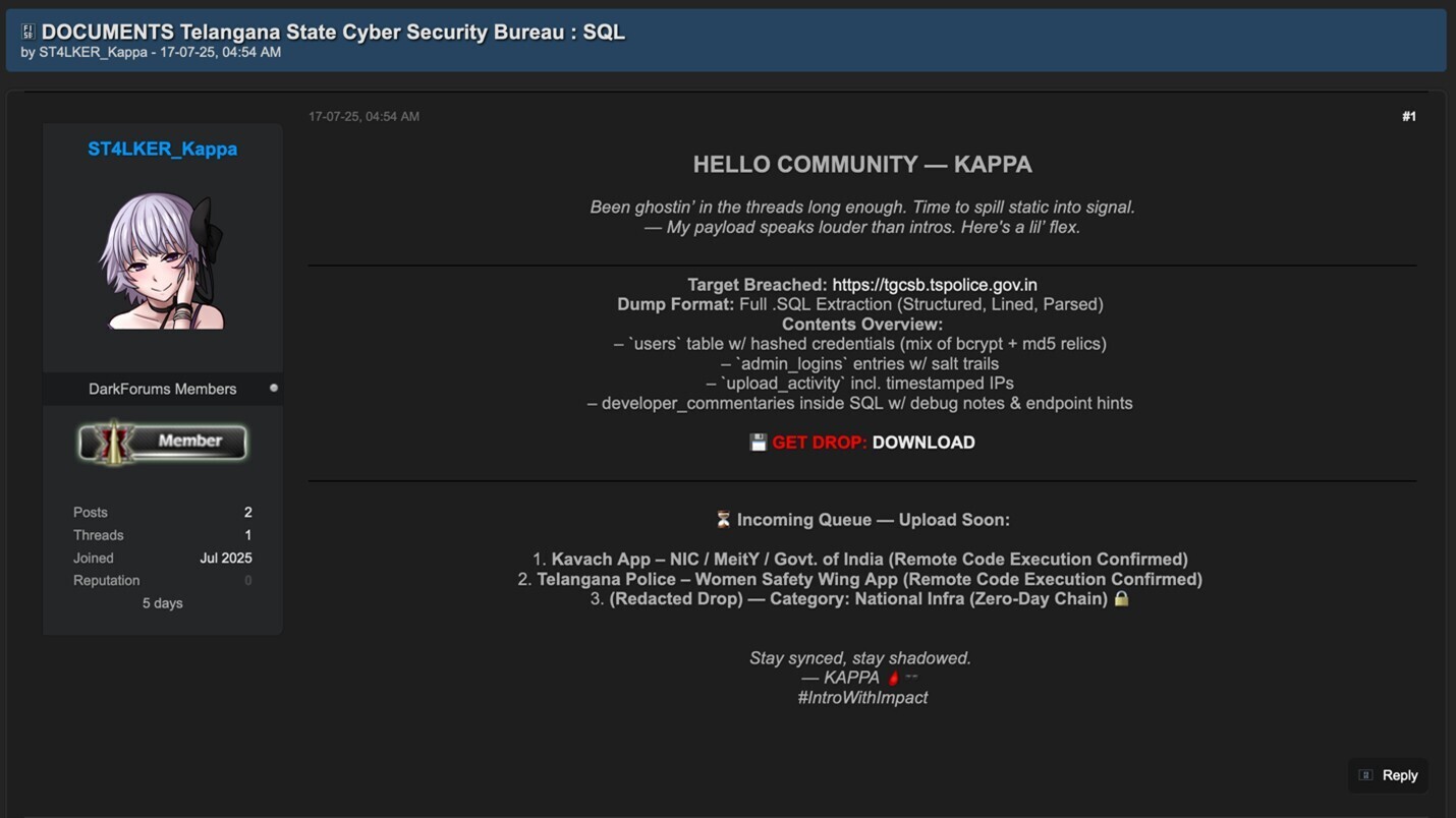 Figure 5. Indian law enforcement data shared to a dark web community