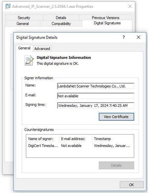 Figure 5. The malicious installer  is digitally signed using a stolen certificate