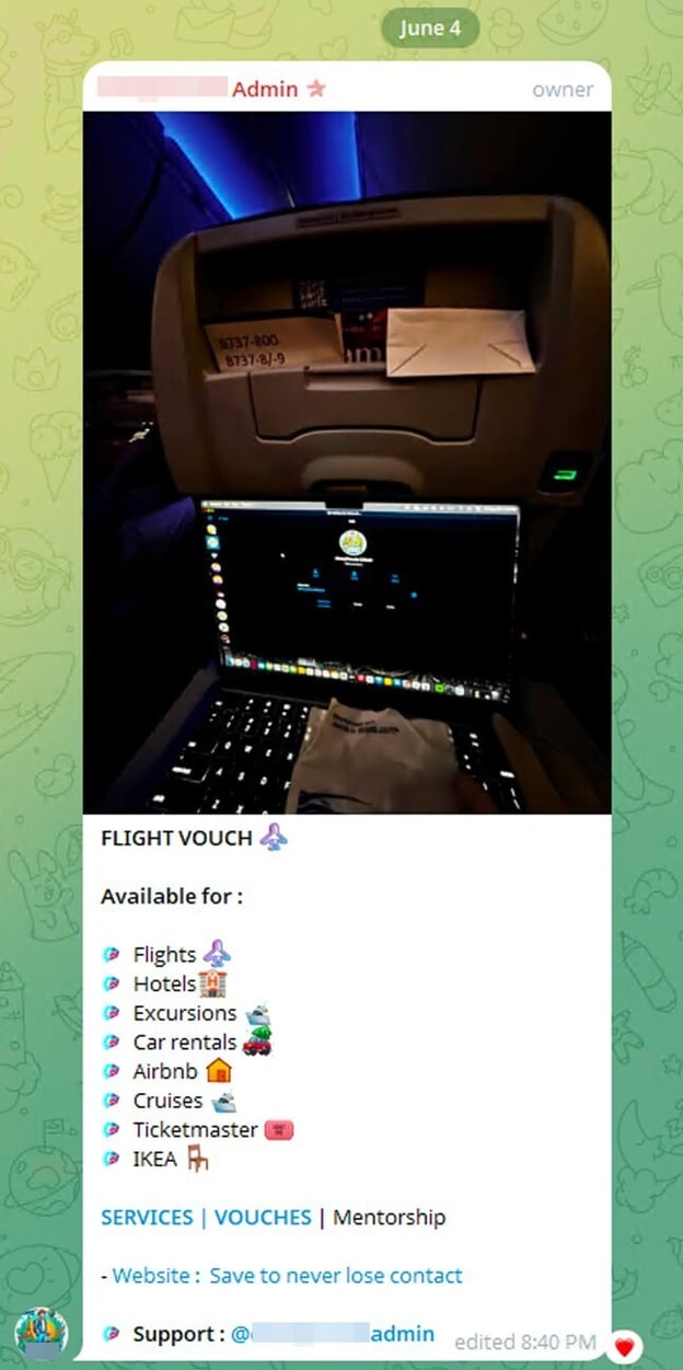 Figure 6. A dark web travel agency’s Telegram channel