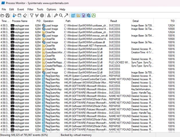 Figure 6. Recording processes via ProcMon