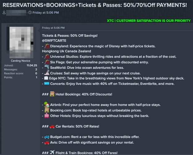 Figure 7. A dark web travel agency post in the proper forum section