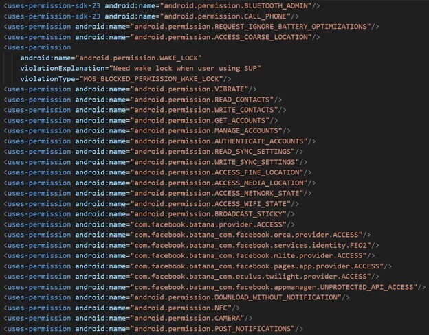 Figure 7. Extract from AndroidManifest listing both real and spoofed permissions