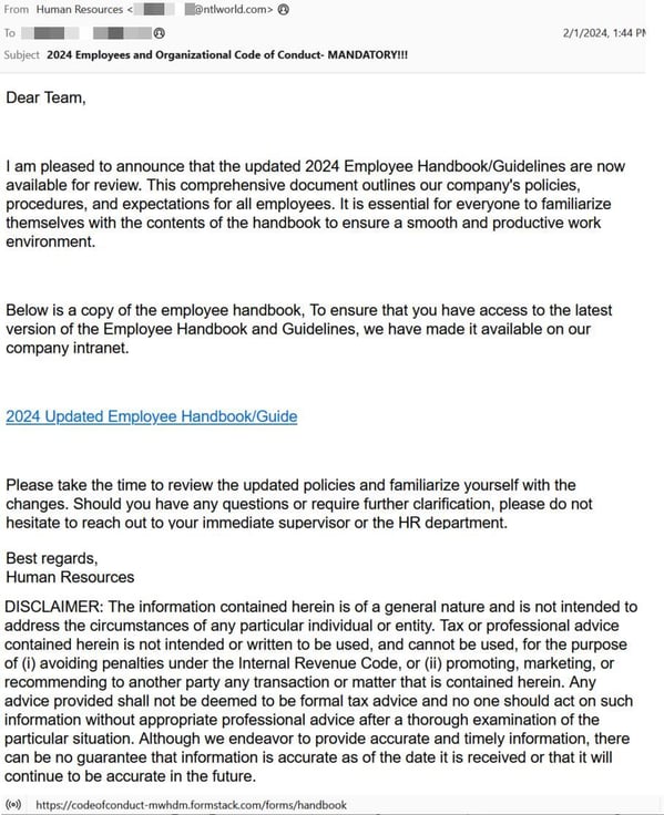 Figure 9 HR-Themed Phishing Email