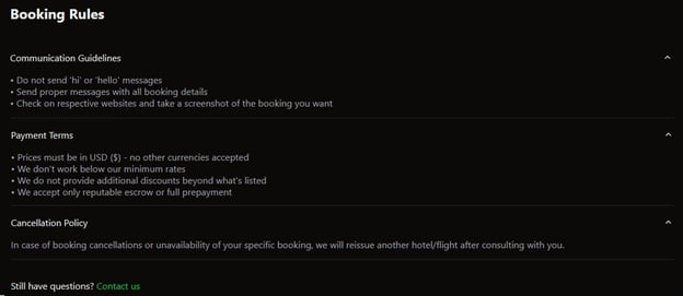 Figure 9. Booking rules described on the website of one of the dark web travel agencies