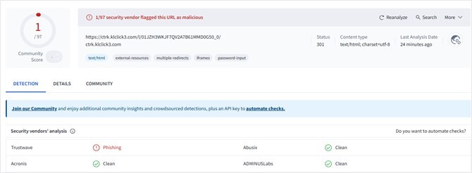 Figure 9. Screenshot of  Trustwave’s detection in VirusTotal of the phishing URL abusing klclick3