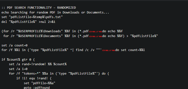 Sample of 44rrr.bat once changed to UTF-16LE (Source : LevelBlue).